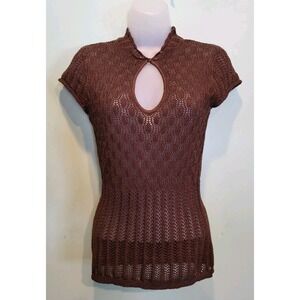 Y2K Cache Brown Open Knit Sheer Silk Blend Fitted Keyhole Short Sleeve Top S